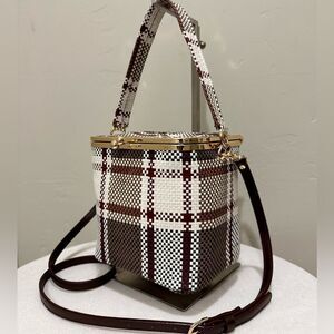 Plaid Pattern Woven Cowhide Kisslock Box Bag/Cosmetics case/Multi Use Style Bag